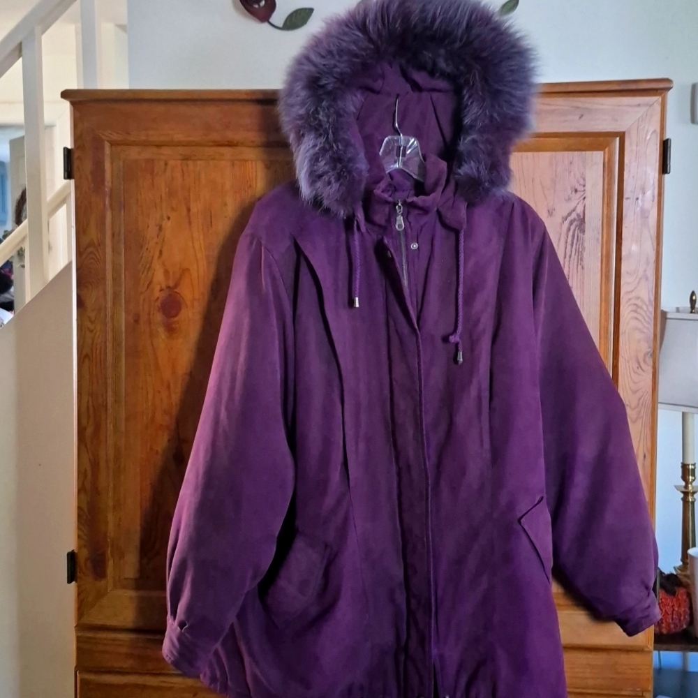 St John's Bay Purple Coat Jacket Faux Fur Hood 1X Thermolite
